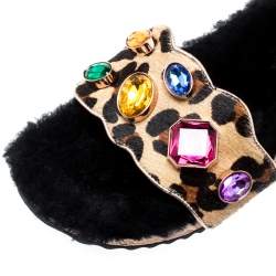 Sophia Webster Beige Leopard Print Calf Hair Crystal Embellished Slides Size 40.5