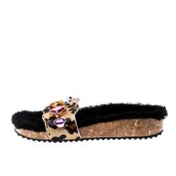 Sophia Webster Beige Leopard Print Calf Hair Crystal Embellished Slides Size 40.5