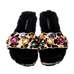 Sophia Webster Beige Leopard Print Calf Hair Crystal Embellished Slides Size 40.5