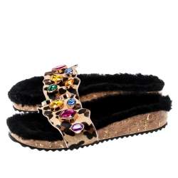 Sophia Webster Beige Leopard Print Calf Hair Crystal Embellished Slides Size 40.5