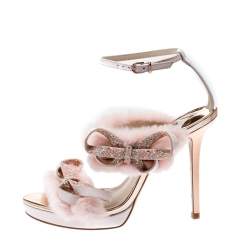 Pre Owned Sophia Webster Pink Faux Fur And Leather Bella Bow Embellished Ankle Strap Sandals Size 39