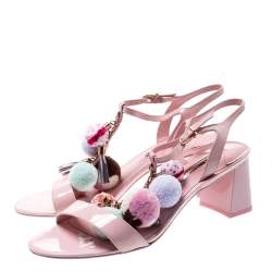 Pre Owned Sophia Webster Light Pink Patent Leather Jada T Strap Pom Pom Sandals Size 41