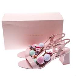 Pre Owned Sophia Webster Light Pink Patent Leather Jada T Strap Pom Pom Sandals Size 41