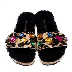  Sophia Webster Beige Leopard Print Calf Hair Crystal Embellished Slides Size 39.5