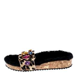  Sophia Webster Beige Leopard Print Calf Hair Crystal Embellished Slides Size 39.5