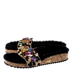  Sophia Webster Beige Leopard Print Calf Hair Crystal Embellished Slides Size 39.5