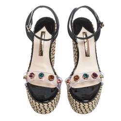 Pre Owned Sophia Webster Black Patent Leather and PVC Dina Crystal Studded Wedge Espadrille Platform Ankle Strap Sandals Size 39