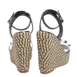Pre Owned Sophia Webster Black Patent Leather and PVC Dina Crystal Studded Wedge Espadrille Platform Ankle Strap Sandals Size 39