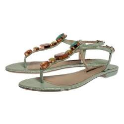 Pre Owned Sophia Webster Mint Green Iridescent Leather Lily Jewel Embellished Thong Sandals Size 40
