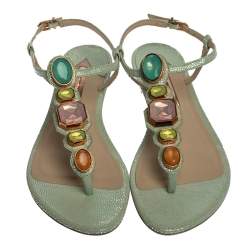 Pre Owned Sophia Webster Mint Green Iridescent Leather Lily Jewel Embellished Thong Sandals Size 40