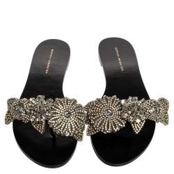 Pre Owned Sophia Webster Black Satin Lilico Crystal Embellished Slide Flats Size 40.5