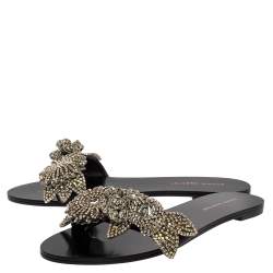 Pre Owned Sophia Webster Black Satin Lilico Crystal Embellished Slide Flats Size 40.5