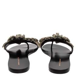 Pre Owned Sophia Webster Black Satin Lilico Crystal Embellished Slide Flats Size 40.5