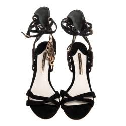 Sophia Webster Black Suede and Laser Cut Rose Gold Leather Micah Open Toe Sandals Size 40