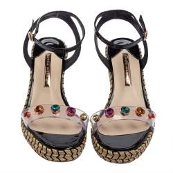 Pre Owned Sophia Webster Black Patent Leather And Dina Gem Embellished PVC Espadrille Wedges Size 42