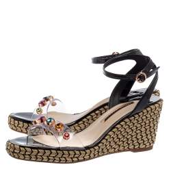 Pre Owned Sophia Webster Black Patent Leather And Dina Gem Embellished PVC Espadrille Wedges Size 42