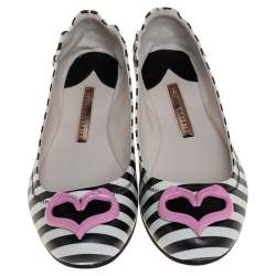 Pre Owned Sophia Webster White/Black Leather Miami Stripe Ballet Flat Size 38