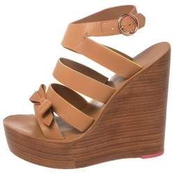 Pre Owned Sophia Webster Brown Leather Samara Strappy Wedge Platform Ankle Strap Sandals Size 38.5
