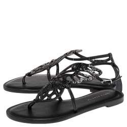 Pre Owned Sophia Webster Black Glitter Leather Butterfly Flat Sandals Size 38