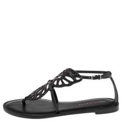 Pre Owned Sophia Webster Black Glitter Leather Butterfly Flat Sandals Size 38