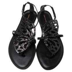 Pre Owned Sophia Webster Black Glitter Leather Butterfly Flat Sandals Size 38