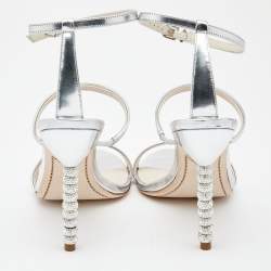 Sophia Webster Silver Leather Rosalind Crystal Heel Ankle Strap Sandals Size 39.5