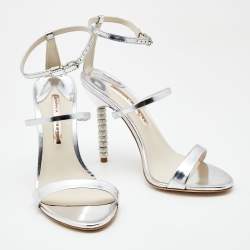 Sophia Webster Silver Leather Rosalind Crystal Heel Ankle Strap Sandals Size 39.5