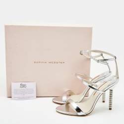 Sophia Webster Silver Leather Rosalind Crystal Heel Ankle Strap Sandals Size 39.5