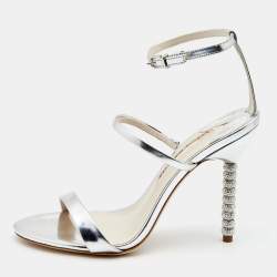 Sophia Webster Silver Leather Rosalind Crystal Heel Ankle Strap Sandals Size 39.5