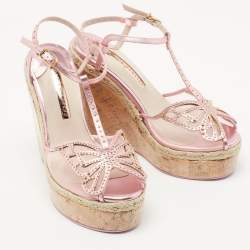 Sophia Webster Metallic Pink Leather and Mesh Farfalla Wedge Sandals Size 37