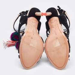 Pre Owned Sophia Webster Black Suede Pom Pom Ankle Strap Sandals Size 36