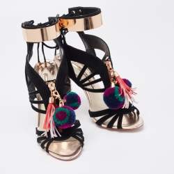 Pre Owned Sophia Webster Black Suede Pom Pom Ankle Strap Sandals Size 36