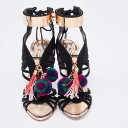 Pre Owned Sophia Webster Black Suede Pom Pom Ankle Strap Sandals Size 36