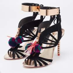 Pre Owned Sophia Webster Black Suede Pom Pom Ankle Strap Sandals Size 36