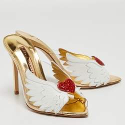 Pre Owned Sophia Webster White Leather and PVC Wing Embellished Mules Size 37.5