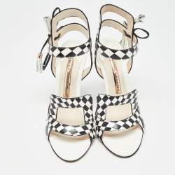 Pre Owned Sophia Webster White/Black Checkered Leather Poppy Sandals Size 35.5