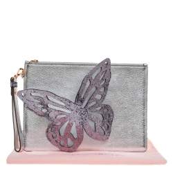 Sophia Webster Metallic Silver Leather Butterfly Wristlet Pouch