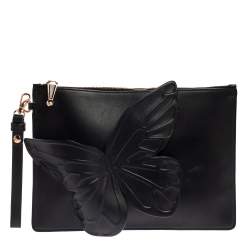 Pre Owned Sophia Webster Black Leather Butterfly Wristlet Clutch