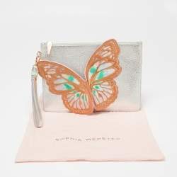 Pre Owned Sophia Webster Metallic Silver Leather Butterfly Wristlet Pouch