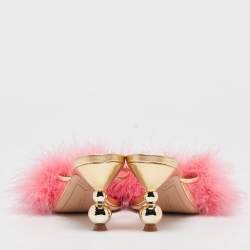 Pre Owned Sophia Webster Pink/Gold Leather and Fur Slide Sandals Size 40