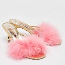Pre Owned Sophia Webster Pink/Gold Leather and Fur Slide Sandals Size 40