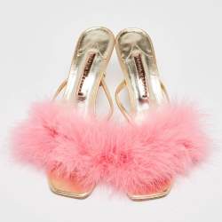 Pre Owned Sophia Webster Pink/Gold Leather and Fur Slide Sandals Size 40