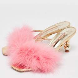 Pre Owned Sophia Webster Pink/Gold Leather and Fur Slide Sandals Size 40