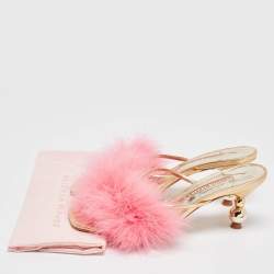 Pre Owned Sophia Webster Pink/Gold Leather and Fur Slide Sandals Size 40
