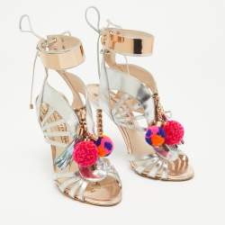 Sophia Webster Silver Mirrored Leather Yasmina Pom Pom Embellished Sandals Size 37