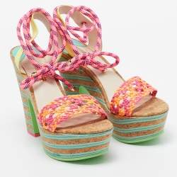 Sophia Webster Multicolor Woven Leather Jade Cork Platform Ankle Wrap Sandals Size 41