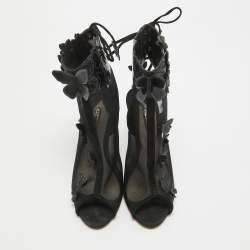 Pre Owned Sophia Webster Black Suede and Mesh 3D Butterfly Harmony Booties Size 37