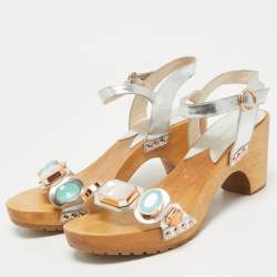 Sophia Webster Silver Leather Studded Jewel Ankle Strap Sandals Size 40