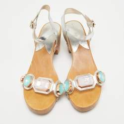 Sophia Webster Silver Leather Studded Jewel Ankle Strap Sandals Size 40