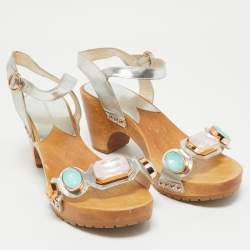Sophia Webster Silver Leather Studded Jewel Ankle Strap Sandals Size 40